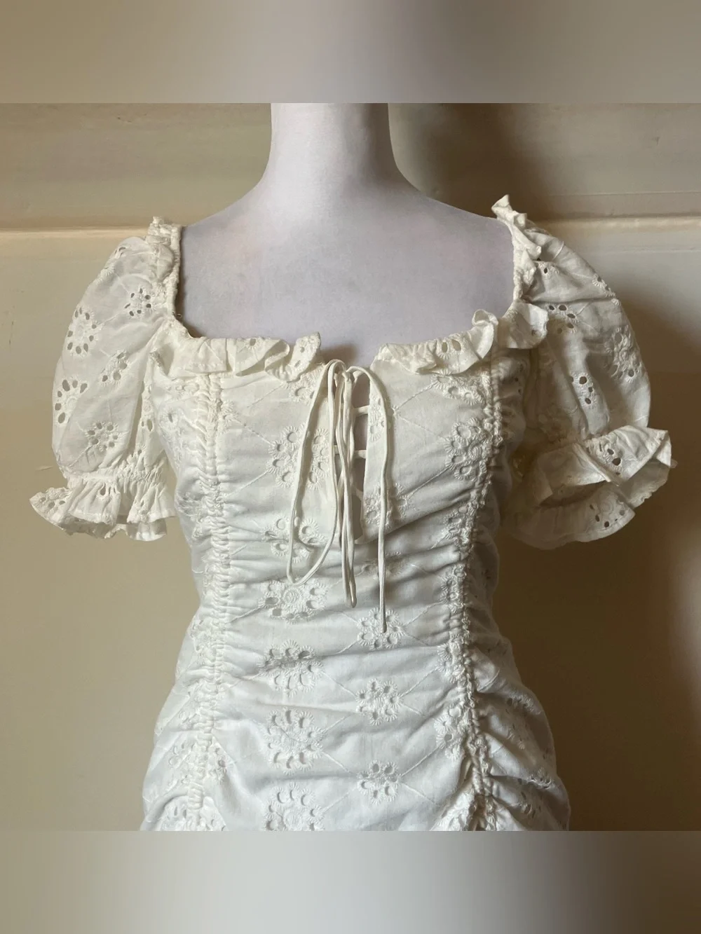 Saints + Secrets White Eyelet Ruched Corset Mini Cottagecore Boho Dress Small - Picture 8 of 10